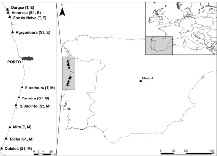 Figure 1. Location of the studied area in the Iberian and European contexts (right), with sampling sites indicated along the coastline (left)
