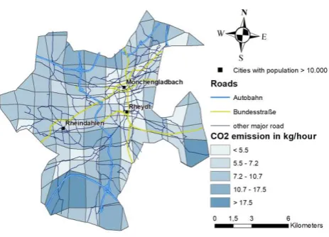 Figure 5. Cartogram of the study area showing enlarged grid cells (high mean CO2 values) and shrinked grid cells (low mean CO2 values) 