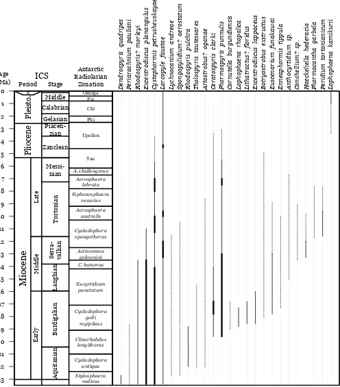 Fig. 2. Range chart of the species described herein. Antarctic radiolarian zonation follows Abelmann (1992) and Lazarus (1992)