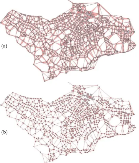Figure 3. (a) CDT of buildings; (b) proximity graph of building.  To generate an entire and reasonable building-network, 