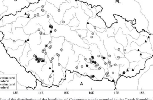 Fig. 1. – Map of the distribution of the localities of Centaurea stoebe sampled in the Czech Republic