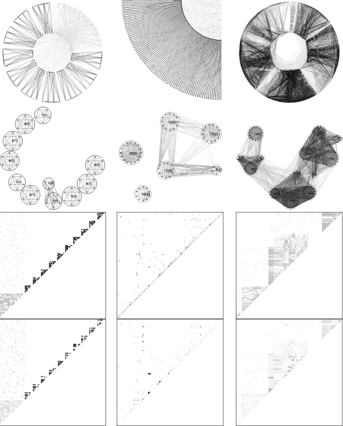 Figure 5. Constraint graphs, adjacency matrices and identified structures for a problem in composed-25-10-20- composed-25-10-20-1_ext.xml, and for rlfap_scene11.xml and driverlogw-08c-sat_ext.xml