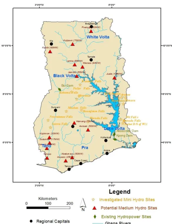 Figure 11. Map of Ghana showing potential mini and medium hydropower sites along with existing  hydropower sites
