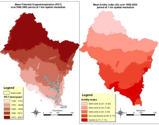 Figure 5 shows the potential evapotranspiration (PET) and the P/PET index of the Volta Basin with P the mean annual precipitation