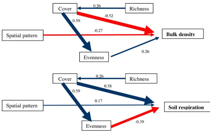 Fig. 5. Structural model showing the relationships between the attributes of biological soil crusts and different surrogates of ecosystemfunctioning in a gypsum area from Alicante (SE Spain)