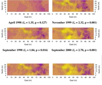 Fig. 6. Maps showing the small-scale spatial pattern of survival (estimated with the SADIE’s index of aggregation, Perry et al