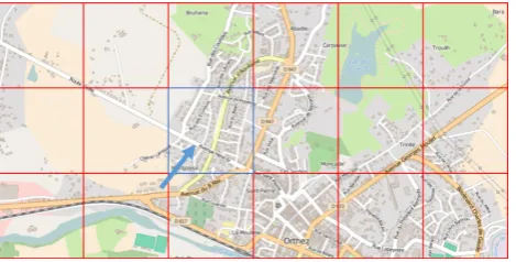 Fig. 1.  To generalize the roads of the center blue partition without surrounding context, it is not possible to consider the pointed road as the most important one, which it is considering this missing context (Source: @OpenStreetMap contributors)