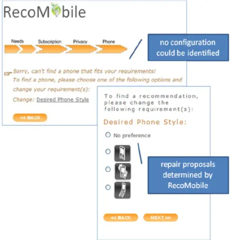 Figure 2: Phase II. repair of inconsistent requirements – a repair component identifies  minimal sets of changes such that the retrieval of at least one solution is possible  The phone selection page (see Figure 3) enlists the set of phones that fulfill th