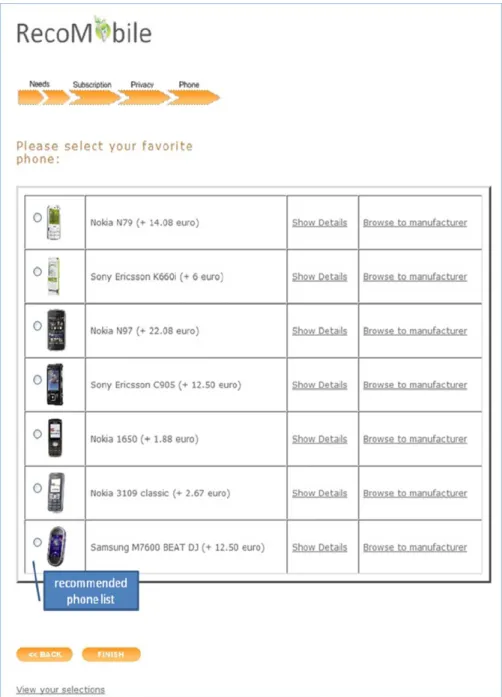 Figure 3: Phase III. result presentation – a set of phones that fulfill the specified  requirements is presented to the user 