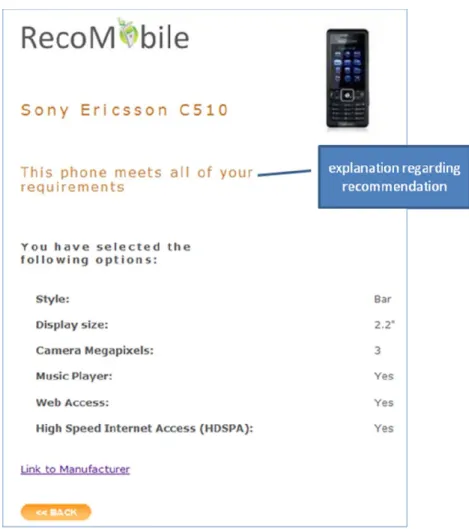 Figure 4: Phase IV. a simple form of explanation - an enlisting of those user  requirements which are fulfilled by a specific mobile phone 