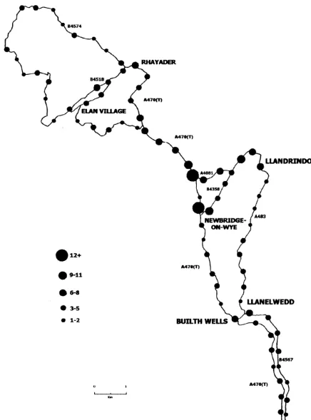 Fig. 1. Map showing the road circuit surveyed and total casualties recorded per section