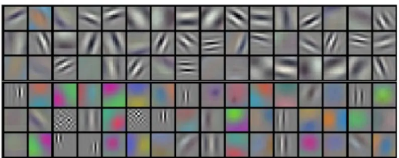 Figure 3.1: 96 convolutional kernels of size 11 × 11 × 3 learned by the first convolutional layer (Krizhevsky et al., 2012)