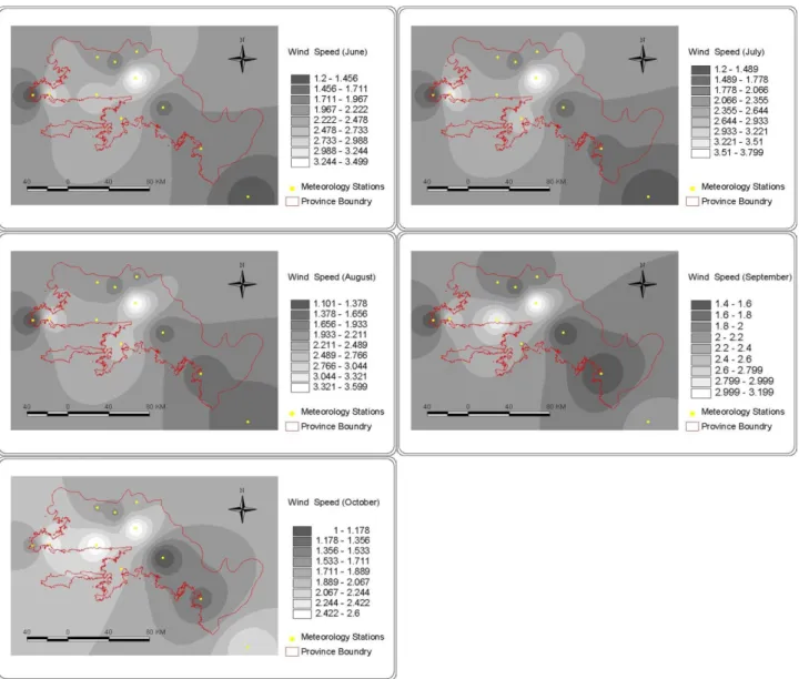 Figure 2: Monthly mean humidity, temperature and wind speed maps according to the mounts (a-June, b-July,  c-August, d-September, e-October) 