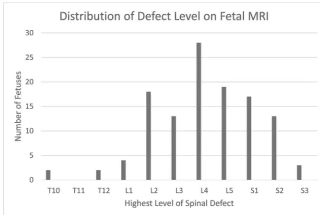 FIG 2. Sagittal balanced fast-ﬁeld echo/FIESTA image from fetal MRimaging at 24 weeks’ 5 days’ gestational age (A) demonstrates ﬁndingsof a lumbosacral myelomeningocele with the upper level of the spinaldysraphic defect beginning at L4