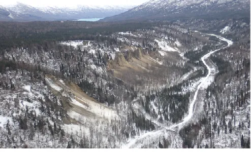 Fig. 5.  Debris avalanches of Pleistocene glacial drift (moraines, glacioalluvial, and glaciolacustrine deposits) at Eklutna River within the Redoubt slice fault zone (RED; photograph taken shortly after November 30, 2018 by Robert C