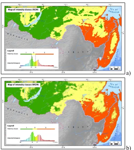 Fig. 1.  Maps of intensity classes with using gravity field models based on: a) raw RGM; b) raw WGM 