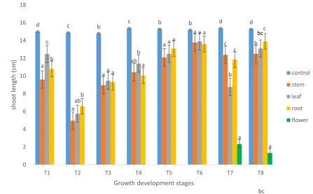 Figure 4.7. Effect of B. napus water extracts from (stem, root and leaf) collected at different times after germination (T1-T8) and flower collected at (T7 and T8) on the shoot length (cm) of Sorghum halepense 14 days after sowing
