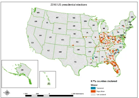 Fig. 8.  Spatial distribution and political party preference of counties declared in 8.7% sample
