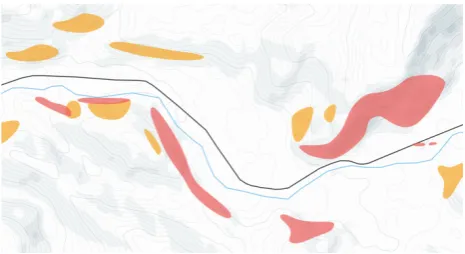 Fig. 6. Three road maps showing the same setting with different generalization levels: (a) smoothed and simplified map, (b) first schematization using the metro map metaphor, and (c) second schematization as a network graph