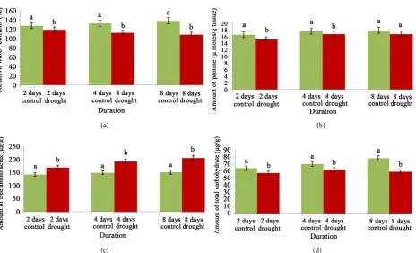 Figure 3. Changes of relative water content (a), proline (b), free amino acids (c) and total carbohydrates (d) content of cv