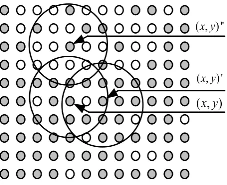 Figure 3. An illustration of density-connectivity of pixels of same mask label. As pixels marked with the ‘gray’ label, (x, y)′ is density-connected with (x, y), but (x, y)′′ is not density-connected with (x, y) in terms of the density-connectivity defined