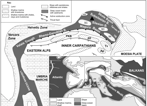 Fig. 2. Palaeoenvironment and lithofacies of the circum-Carpathian area during the Lutetian; plate position at 45 Ma (after Golonkasimpliﬁed)