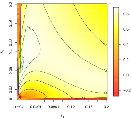 Figure 4: Image representing the CV-score for λ 1 and λ 2 on a 51 × 51 grid defined by equally-spaced discretization points on the region: 0.0001 ≤ λ 1 ≤ 0.2 and 0 ≤ λ 2 ≤ 0.2.