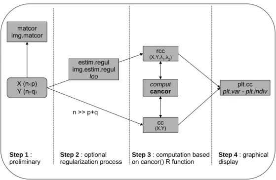 Figure 1: Schematic view of the canonical correlation analysis process using CCA. Functions in italic font are internal functions the user does not have to call