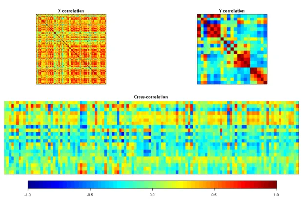 Figure 3: Correlation matrices for: X variables (upper-left), Y variables (upper-right), cross- cross-correlation X × Y (bottom)