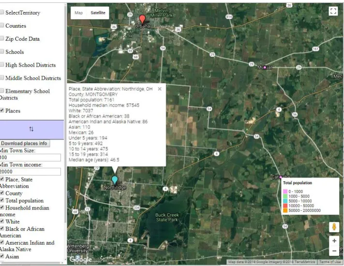 Figure 2 Towns are displayed on Google Maps with a legend about population in bottom right  corner 7