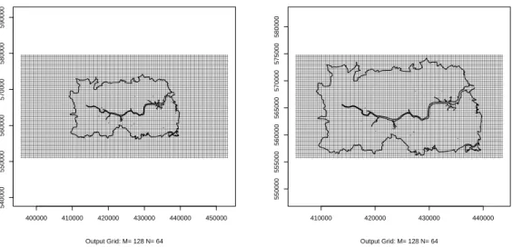 Figure 2: Left: Output of chooseCellwidth(sd, cwinit = 450). Right: Output of chooseCellwidth(sd , cwinit = 300)
