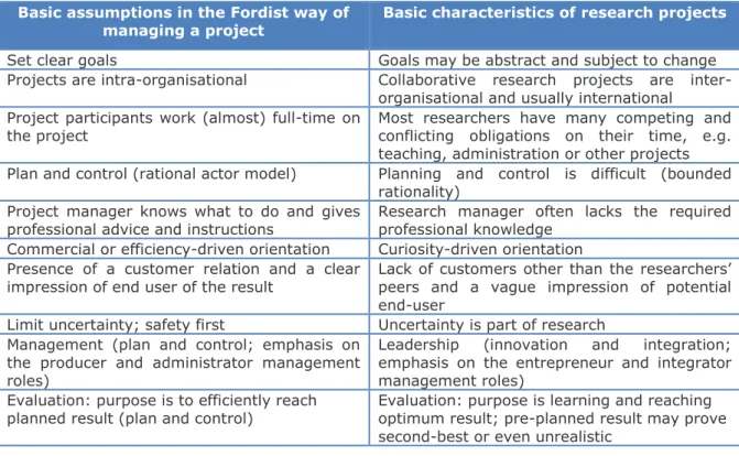 Table  1-1:  Comparison  of  conventional  Fordist  project  management  and  basic  characteristics of research projects 2