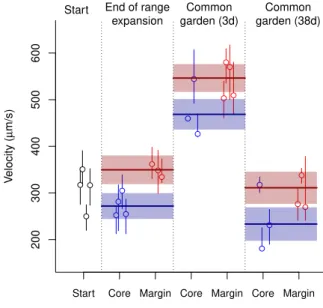 Figure 2: Evolutionary differences in movement velocity between range cores and range margins for the replicates that successfully expanded their range