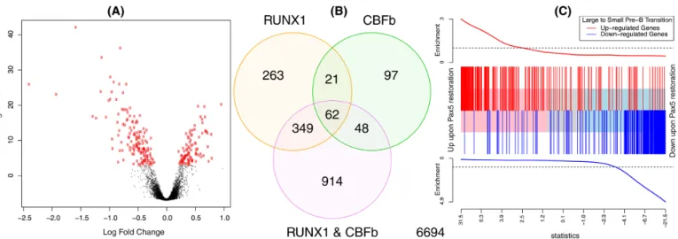 Figure 4. Example plots displaying results from DE and gene set analyses. (A) Volcano plot showing fold changes and posterior odds of DE for a particular comparison (RUNX1 over-expression versus wild-type in this case), generated by volcanoplot