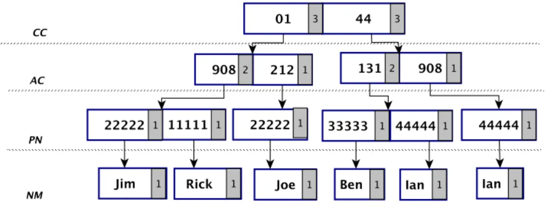 Fig. 2.6 A prefix tree of the attributes CC, AC, PN and NM in relation R 2 of the Figure 2.5