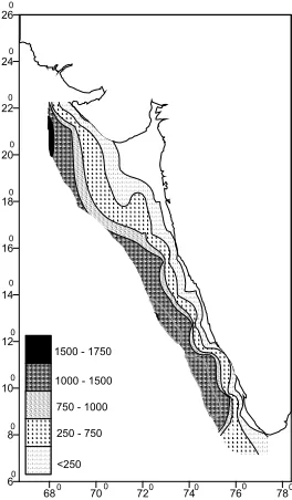 Fig. 3. Absolute abundance of pteropods (>125 µm) per gram drysediment along the western continental shelf of India.