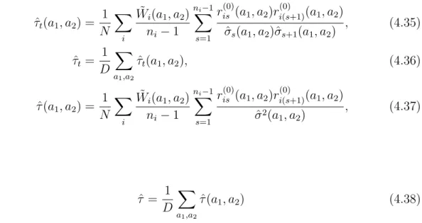Table 4.3 compares the two mixed models and the GEE estimator with exchange- exchange-able, unstructured, and independence working models for V i (a 1 , a 2 ) in their ability to estimate the end-of-study contrast with standardized effect size d ≈ 0.5