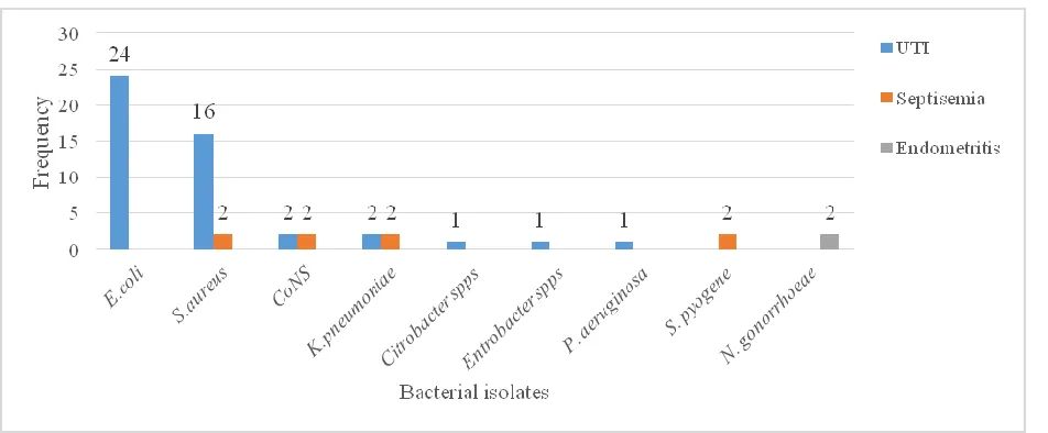 Figure 1. Profile and frequency of bacterial isolates from mothers during antenatal and postnatal period at Univer-sity of Gondar teaching Hospital from January 1, 2016 –May 30, 2016