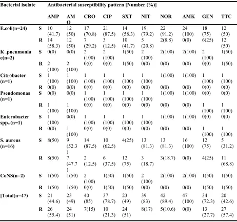 Table 2: Antibacterial susceptibility pattern of Gram negative and Gram positive UTI causing bacterial                          pathogens from women attending antenatal and postnatal services at the University of                                            