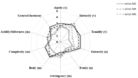 Figure 3: Main descriptors in sensory analysis. v: visual descriptors; n: olfactory descriptors; m: taste descriptors