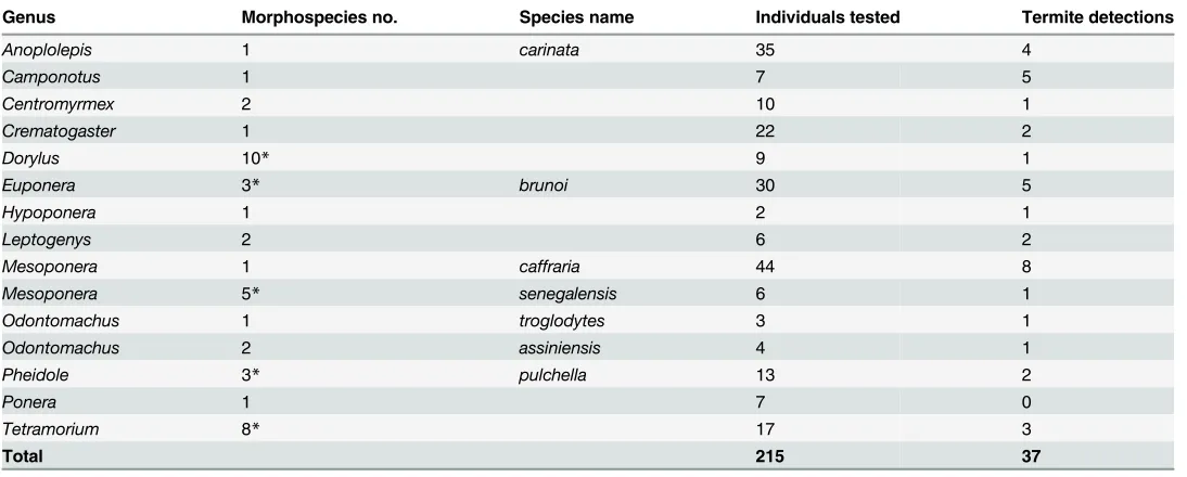 Table 1. Species-level detection rates for termite DNA in ant guts.