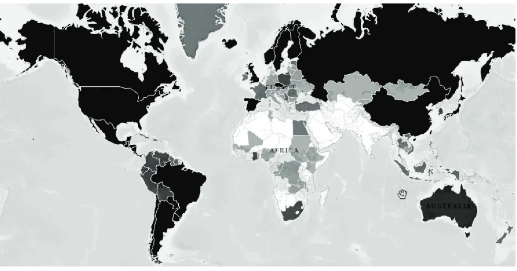 Figure 2. GMP air data availability in the world map (the darker the colour the higher quantity of available samples) 