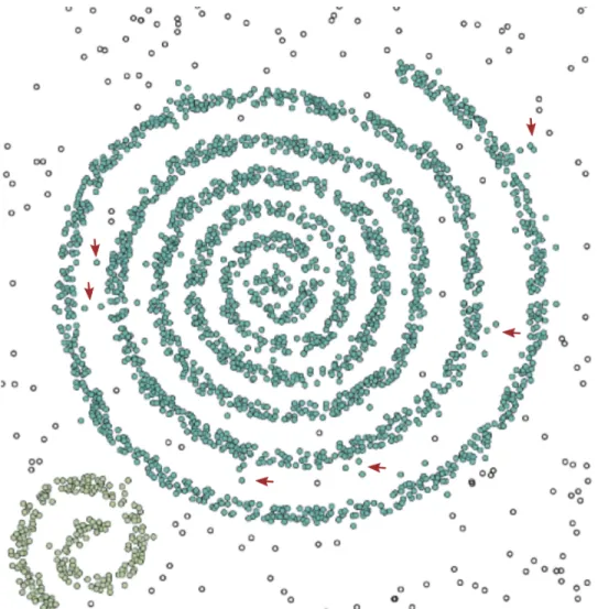 Figure 1.1: A spiral pattern clustered using DBSCAN. Some noise points are indicated by red arrows.
