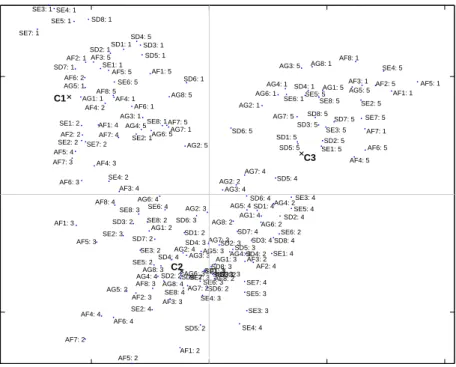 Figure 1: Cluster Correspondence analysis biplot. Scaling as dened in equation (14). Attribute labels correspond to the labels in Table 7 with category numbers added