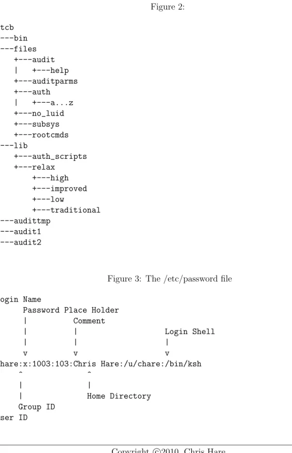 Figure 2: /tcb +---bin +---files | +---audit | | +---help | +---auditparms | +---auth | | +---a...z | +---no_luid | +---subsys | +---rootcmds +---lib | +---auth_scripts | +---relax | +---high | +---improved | +---low | +---traditional +---audittmp +---audi