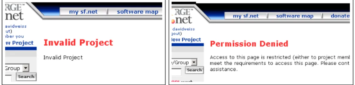 Figure 5: SourceForge returned invalid (left) or inaccessible (right) pages for a number of projects.
