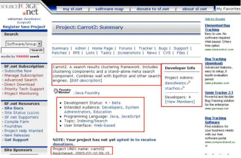 Figure 1: Home pages of projects hosted at SourceForge demonstrate a very predictable layout of content structure (here depicted with red rectangles).