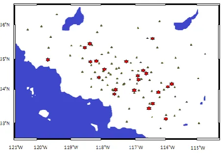 Figure 1. California Seismic Network (SCSN) and the epicenters of events (red  Locations of seismic stations (triangles) of the Southern stars) used in this paper