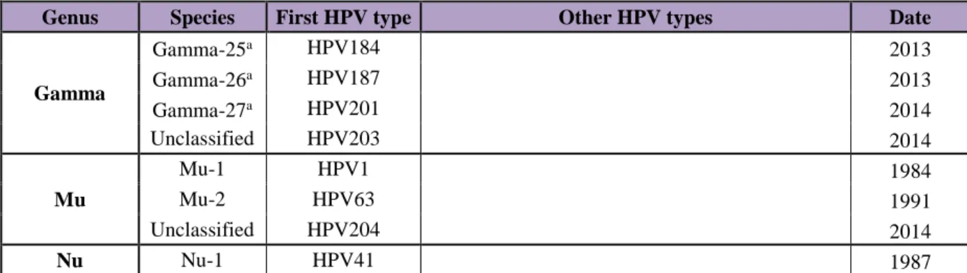 Table 2:   Established HPV types, stratified by species and genera. Date refers to the period when  HPV  types  were  officially  assigned  with  an  established  number  by  the  International  HPV  Reference Center