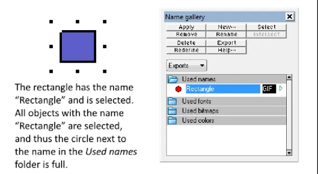 Figure 2.12. When all objects with a given name are currently selected, the circle besides the name in the Used names  folder of the Name gallery becomes full